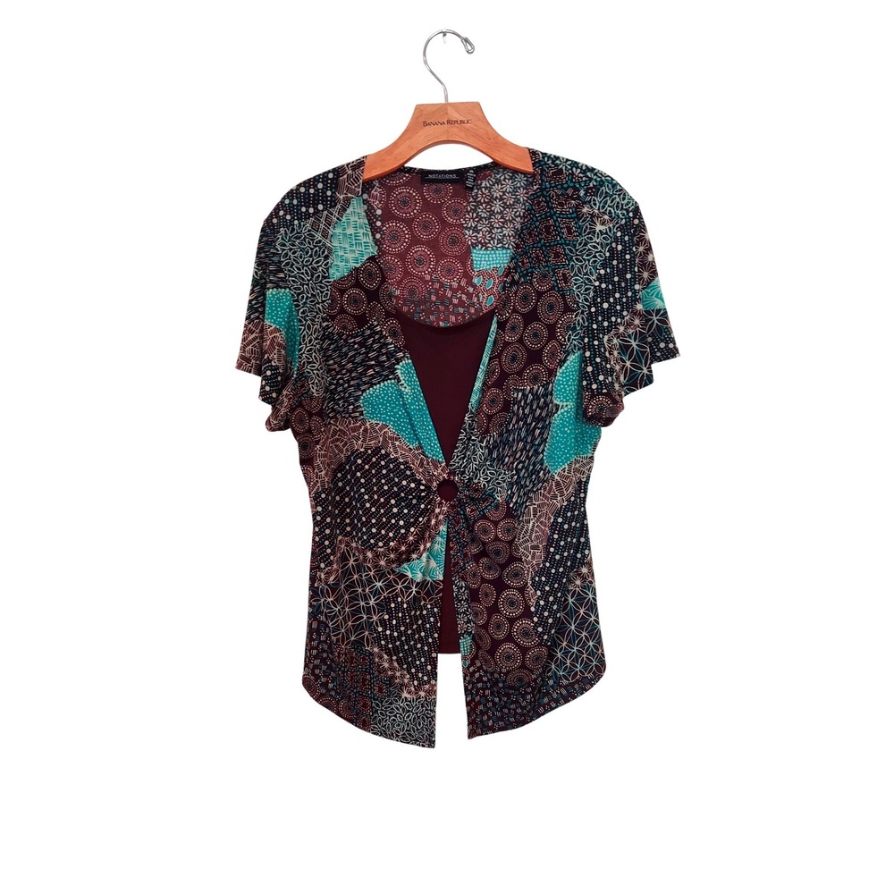 Notations 2-PC Modest Brown Teal Patchwork Ring Front Layered Look Boho Top XL